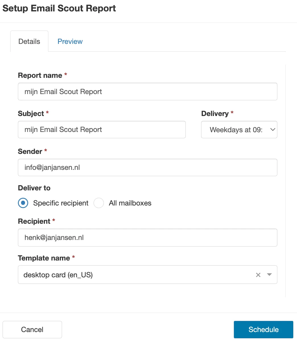 een voorbeeld weergave voor het Email Scout Report scherm
